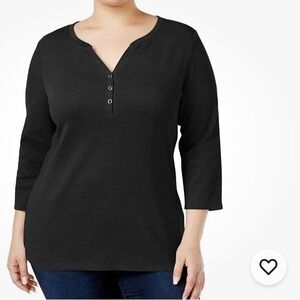 Karen Scott Cotton Button Neck 3/4 Sleeve Top in Black